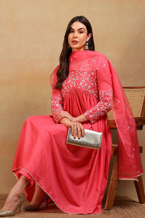 Pink Silk Blend Solid Embroidered Flared Empire Anarkali Suit Set