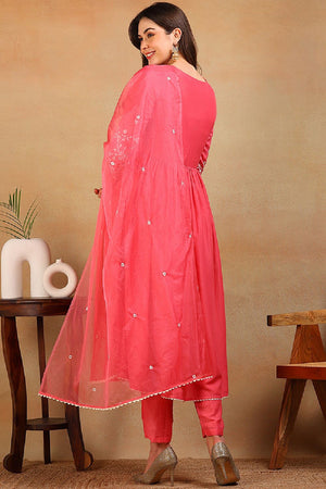 Pink Silk Blend Solid Embroidered Flared Empire Anarkali Suit Set