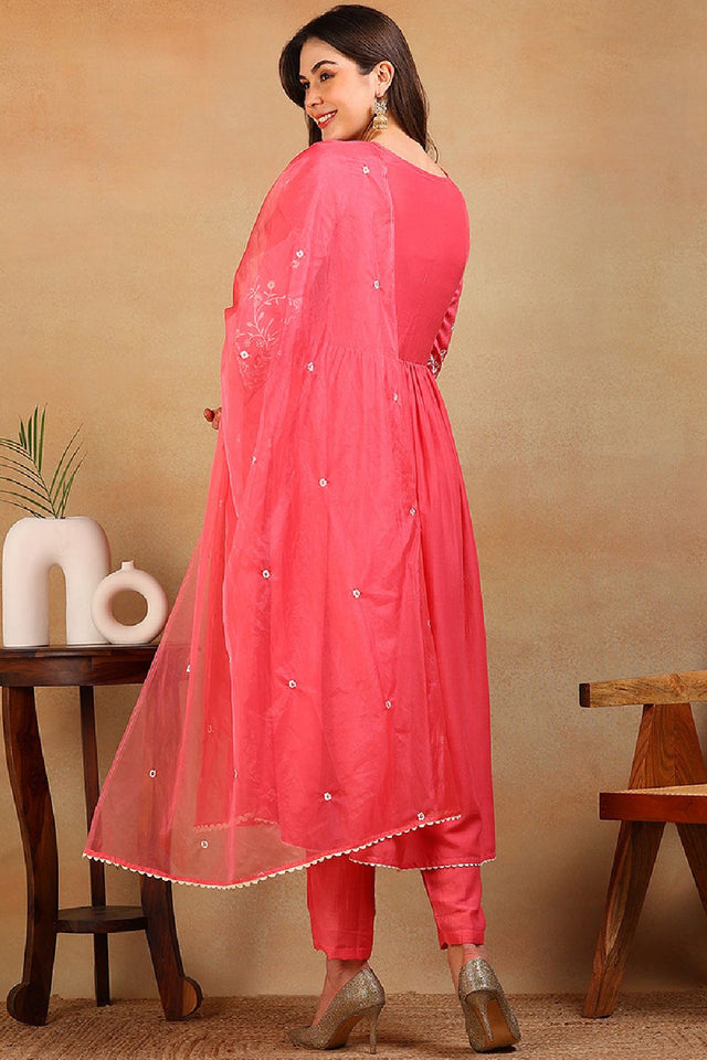 Pink Silk Blend Solid Embroidered Flared Empire Anarkali Suit Set