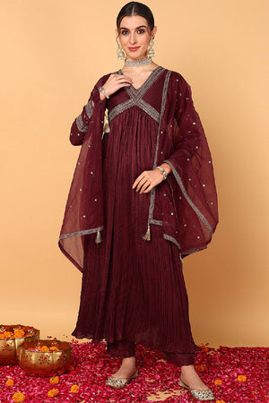 Maroon Silk Blend Solid Embroidered Flared Anarkali Suit Set