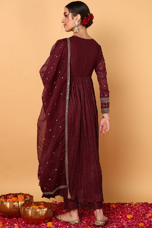 Maroon Silk Blend Solid Embroidered Flared Anarkali Suit Set