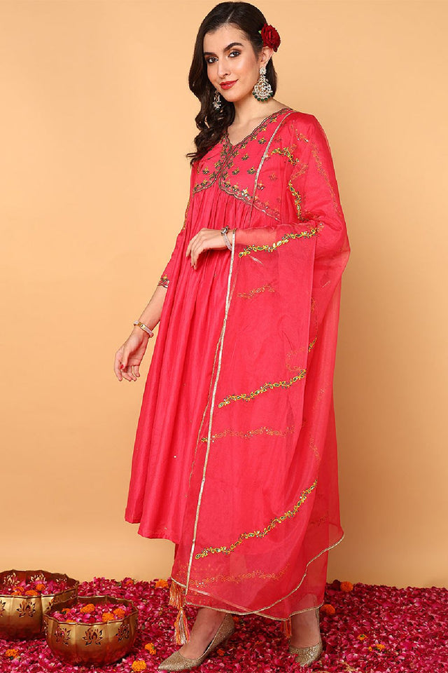 Pink Silk Blend Solid Embroidered Flared Anarkali Suit Set