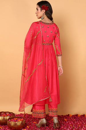 Pink Silk Blend Solid Embroidered Flared Anarkali Suit Set