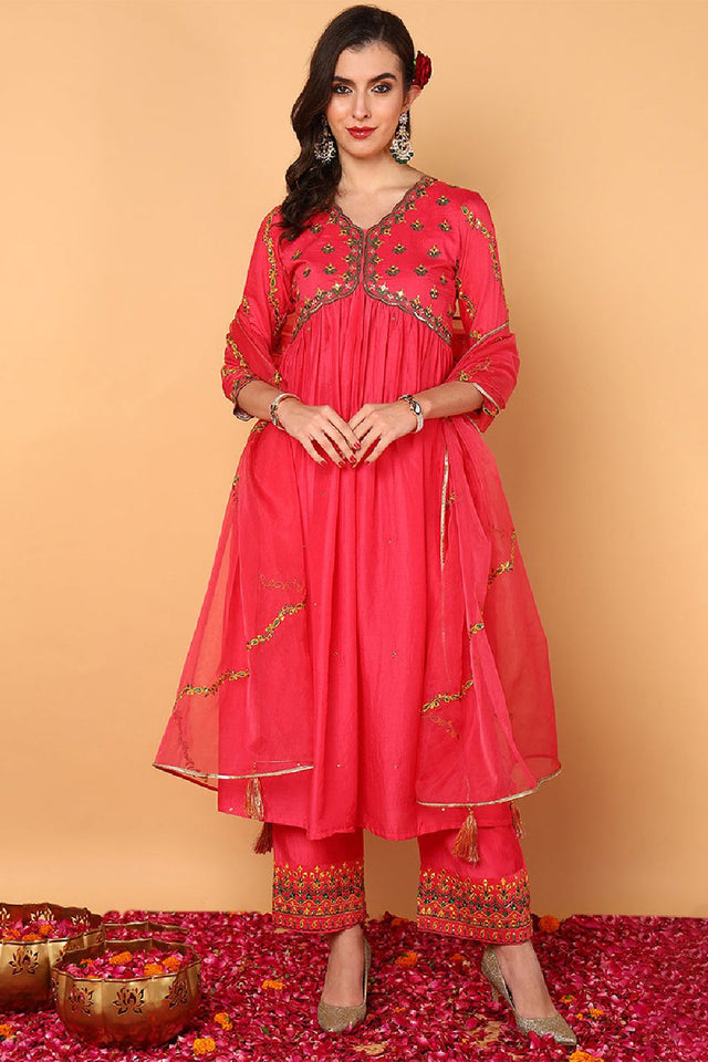Pink Silk Blend Solid Embroidered Flared Anarkali Suit Set