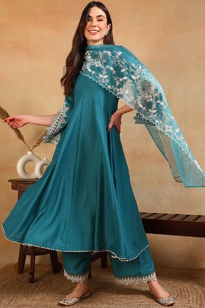 Blue Silk Blend Solid Embroidered Flared Anarkali Suit Set