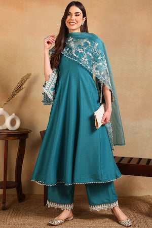 Blue Silk Blend Solid Embroidered Flared Anarkali Suit Set