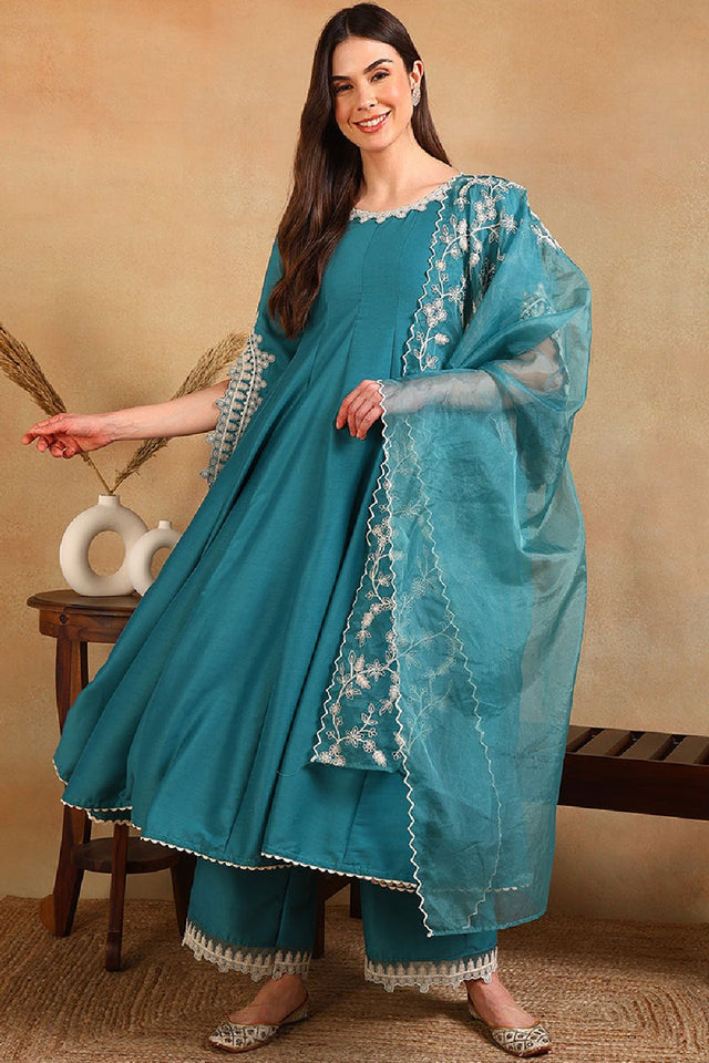 Blue Silk Blend Solid Embroidered Flared Anarkali Suit Set