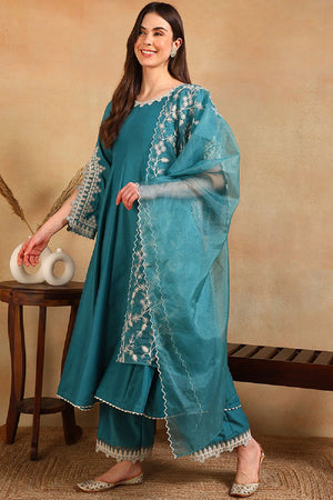 Blue Silk Blend Solid Embroidered Flared Anarkali Suit Set