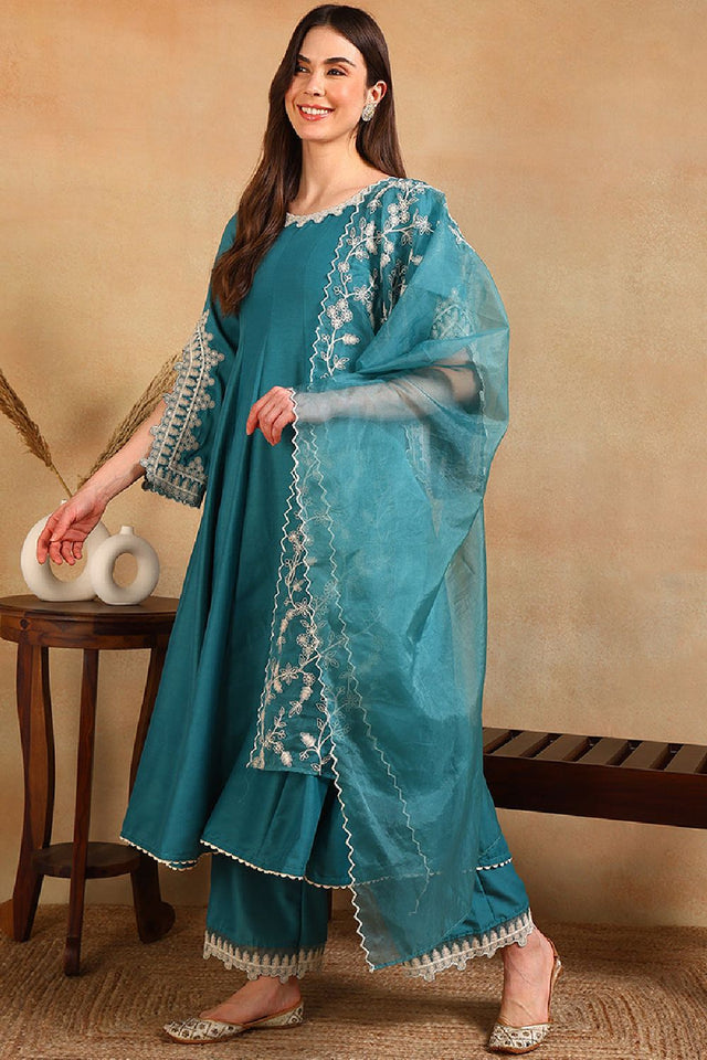 Blue Silk Blend Solid Embroidered Flared Anarkali Suit Set