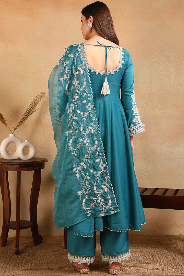 Blue Silk Blend Solid Embroidered Flared Anarkali Suit Set
