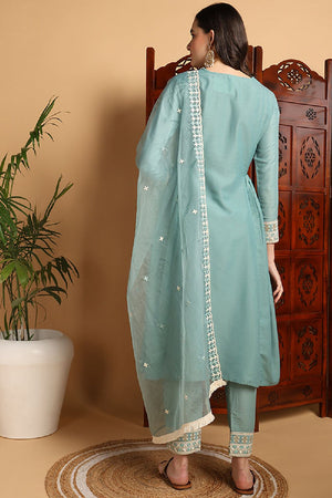 Sea Green Silk Blend Solid Embroidered Flared Style Kurti Pant Set