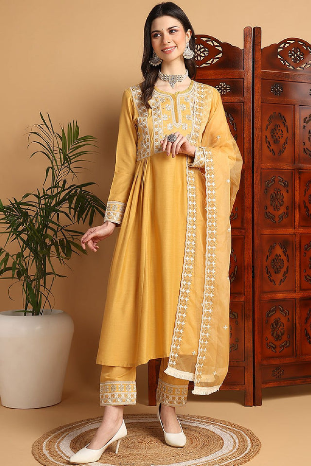 Yellow Silk Blend Solid Embroidered Flared Kurti Pant Set