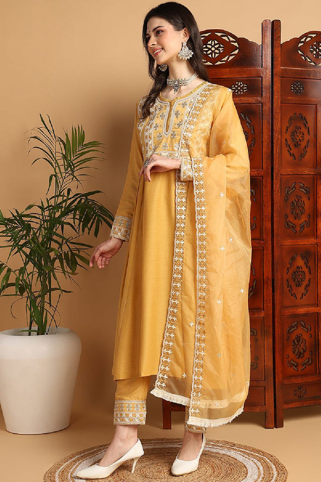 Yellow Silk Blend Solid Embroidered Flared Kurti Pant Set