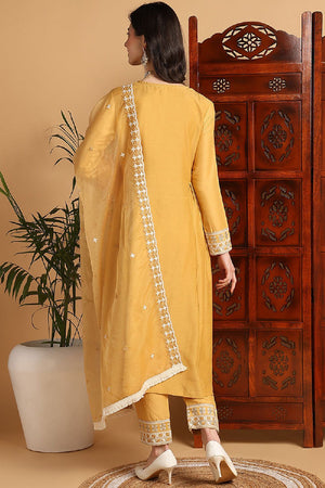 Yellow Silk Blend Solid Embroidered Flared Kurti Pant Set