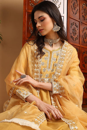 Yellow Silk Blend Solid Embroidered Flared Kurti Pant Set