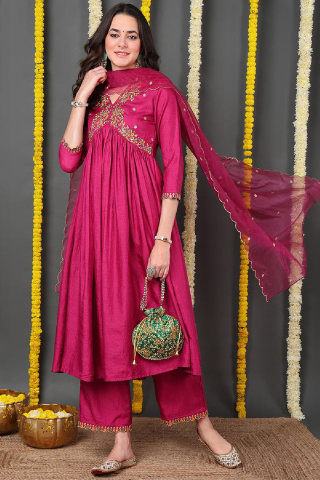 Pink Silk Blend Solid Embroidered Flared Anarkali Suit Set