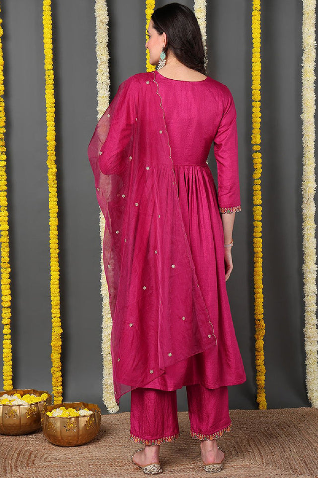 Pink Silk Blend Solid Embroidered Flared Anarkali Suit Set
