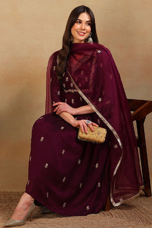 Purple Silk Blend Solid Embroidered Flared Empire Anarkali Suit Set