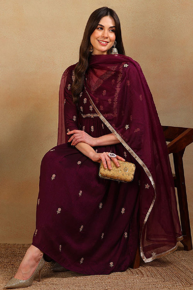 Purple Silk Blend Solid Embroidered Flared Empire Anarkali Suit Set