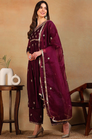 Purple Silk Blend Solid Embroidered Flared Empire Anarkali Suit Set