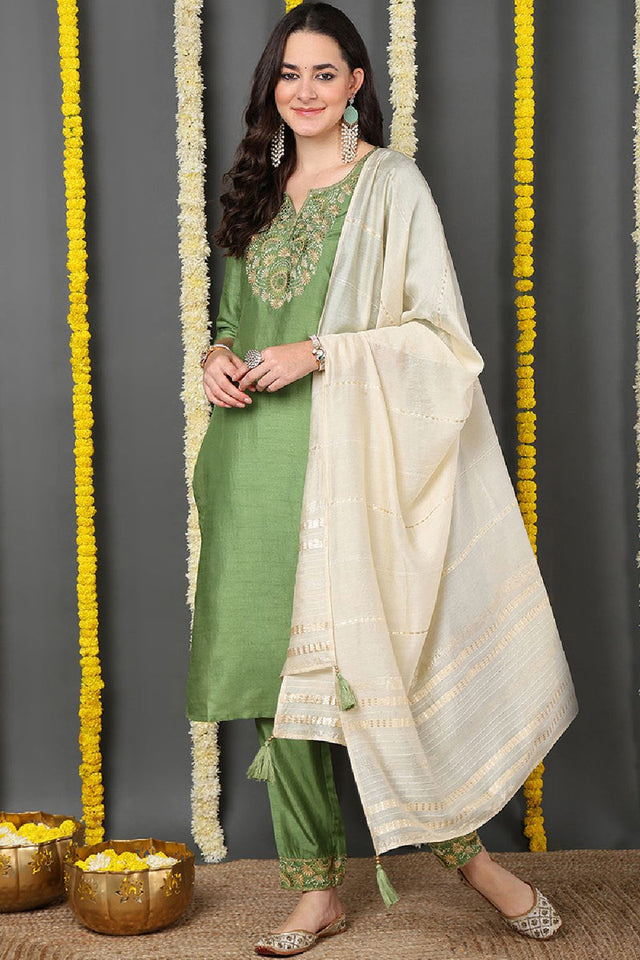 Green Silk Blend Solid Embroidered Straight Cut Suit Set