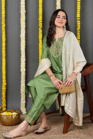 Green Silk Blend Solid Embroidered Straight Cut Suit Set