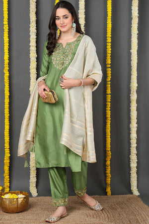 Green Silk Blend Solid Embroidered Straight Cut Suit Set