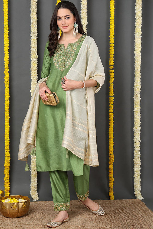 Green Silk Blend Solid Embroidered Straight Cut Suit Set
