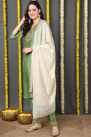 Green Silk Blend Solid Embroidered Straight Cut Suit Set