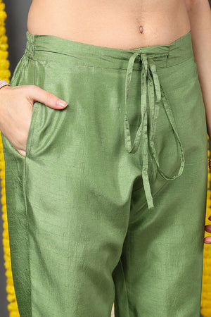 Green Silk Blend Solid Embroidered Straight Cut Suit Set