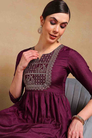 Purple Silk Blend Solid Yoke Design Flared Empire Anarkali Suit Set