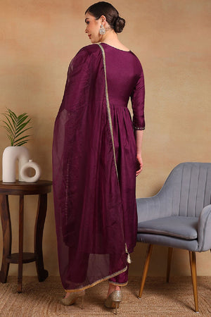 Purple Silk Blend Solid Yoke Design Flared Empire Anarkali Suit Set