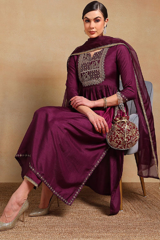 Purple Silk Blend Solid Yoke Design Flared Empire Anarkali Suit Set