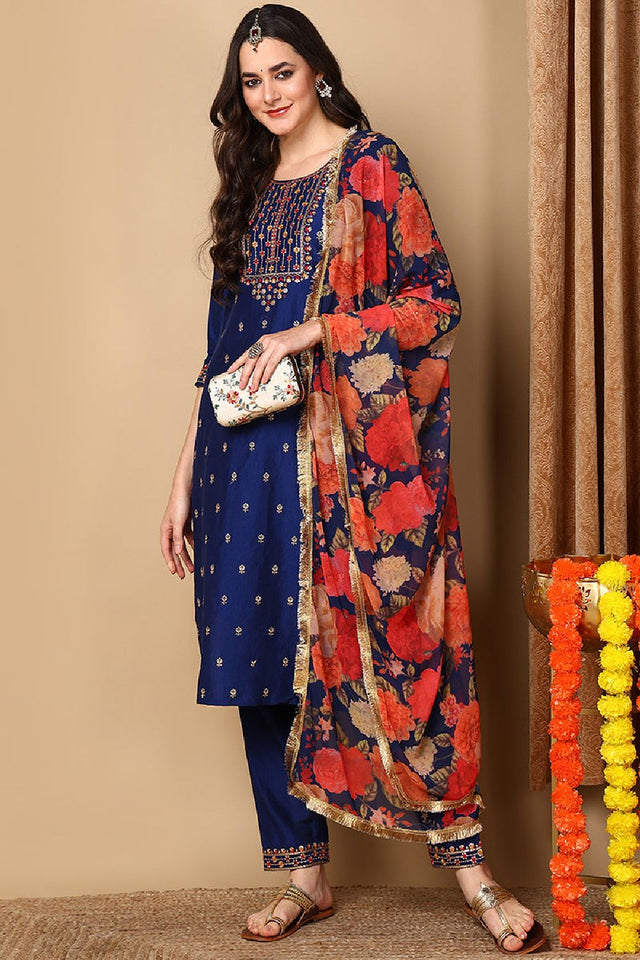 Navy Blue Silk Blend Solid Embroidered Straight Cut Suit Set