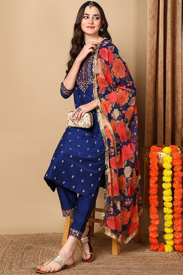Navy Blue Silk Blend Solid Embroidered Straight Cut Suit Set