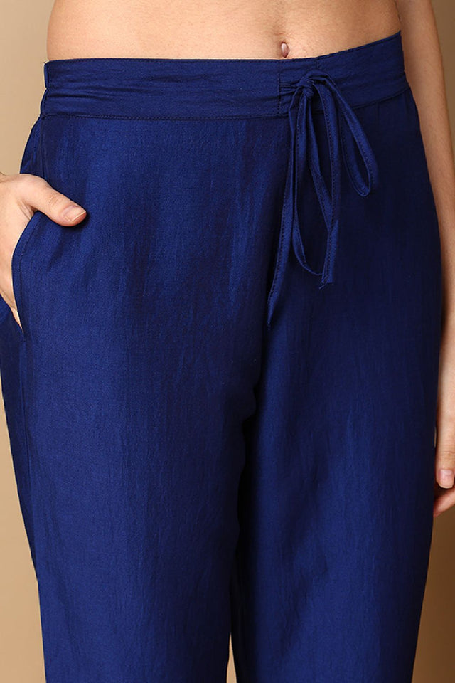 Navy Blue Silk Blend Solid Embroidered Straight Cut Suit Set