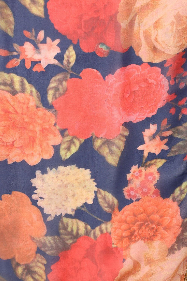 Navy Blue Silk Blend Solid Embroidered Straight Cut Suit Set