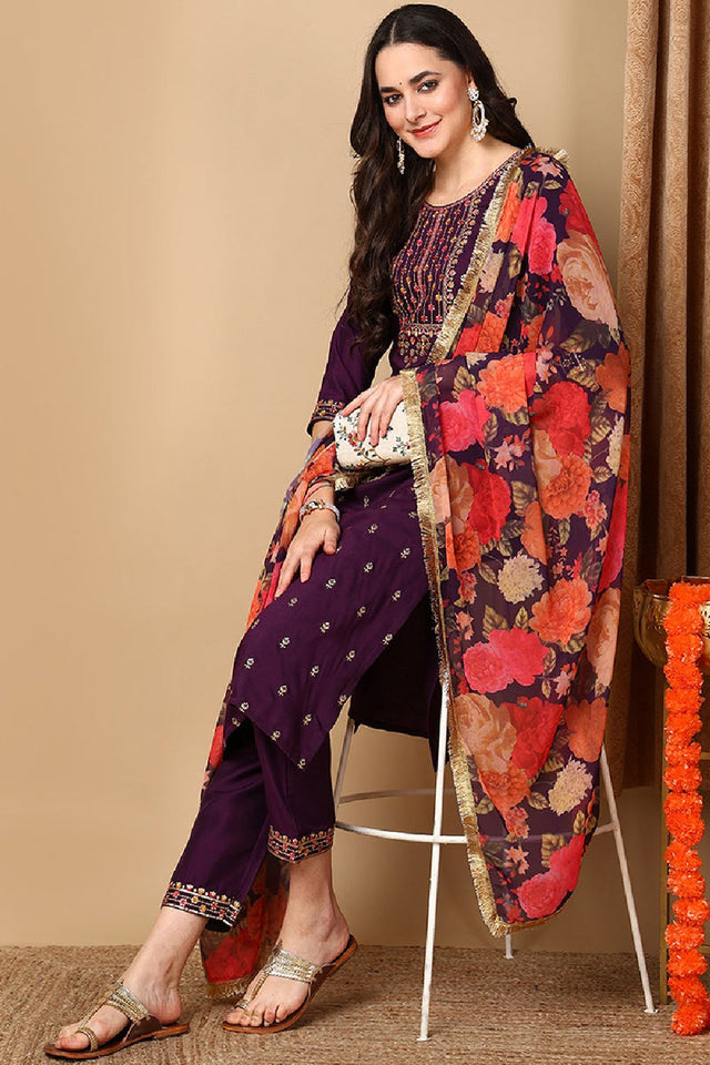 Purple Silk Blend Solid Embroidered Straight Cut Suit Set