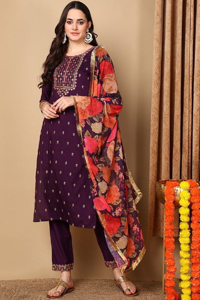 Purple Silk Blend Solid Embroidered Straight Cut Suit Set