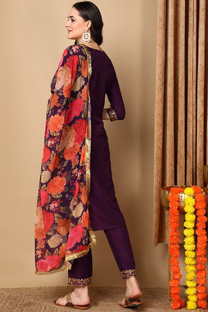 Purple Silk Blend Solid Embroidered Straight Cut Suit Set