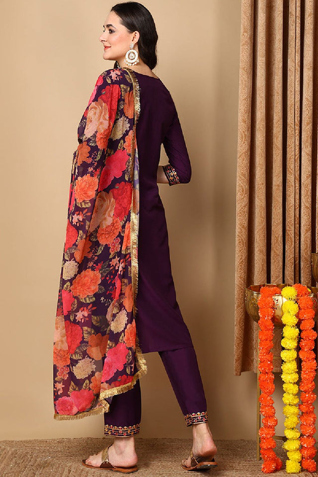 Purple Silk Blend Solid Embroidered Straight Cut Suit Set