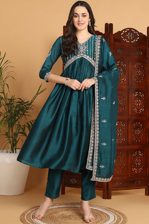 Green Silk Blend Solid Embroidered Flared Anarkali Suit Set