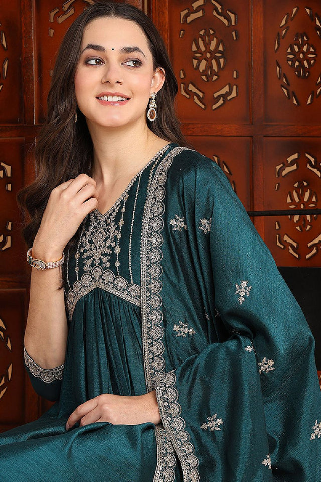 Green Silk Blend Solid Embroidered Flared Anarkali Suit Set