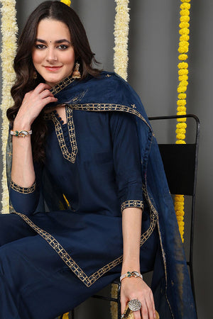 Blue Silk Blend Solid Embroidered Straight Cut Suit Set