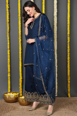 Blue Silk Blend Solid Embroidered Straight Cut Suit Set
