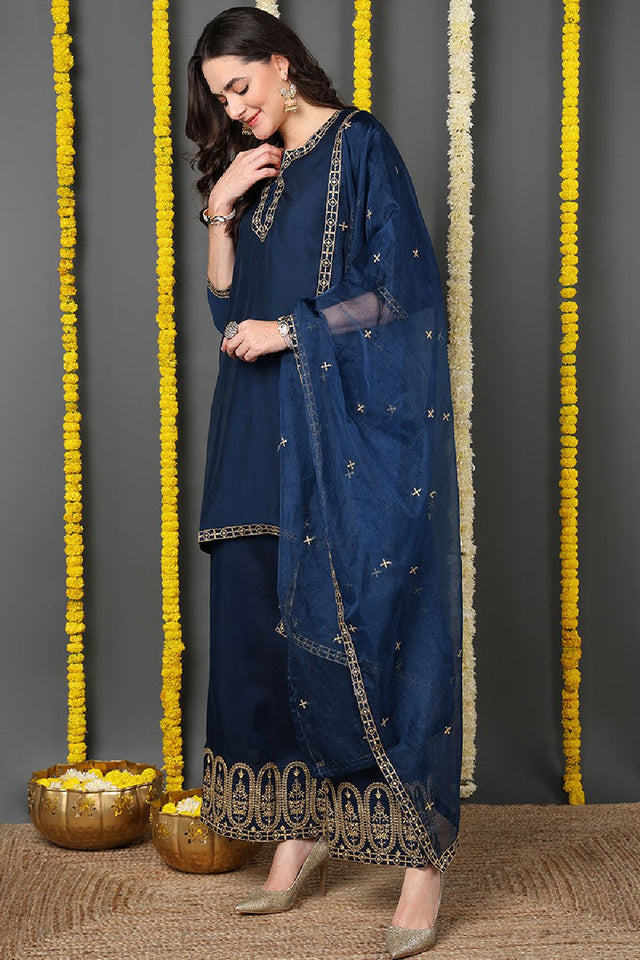 Blue Silk Blend Solid Embroidered Straight Cut Suit Set
