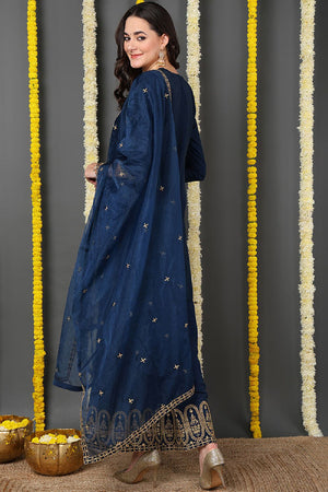 Blue Silk Blend Solid Embroidered Straight Cut Suit Set