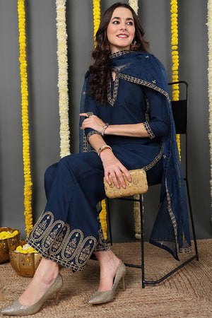 Blue Silk Blend Solid Embroidered Straight Cut Suit Set