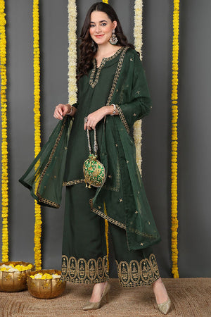 Green Silk Blend Solid Embroidered Straight Cut Suit Set