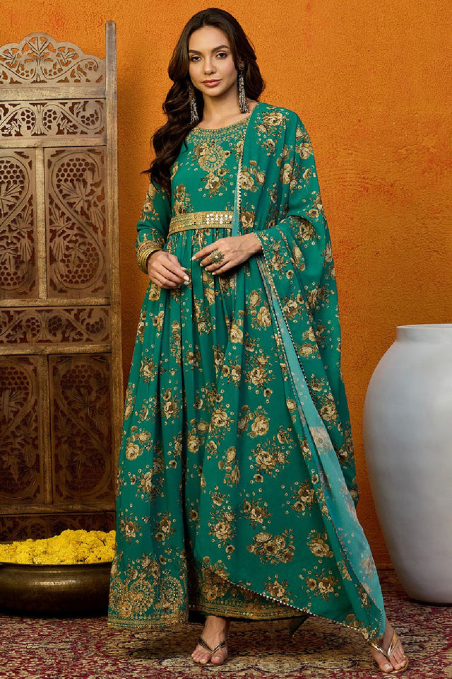 Green Georgette Floral Printed Flared Anarkali Suit Set